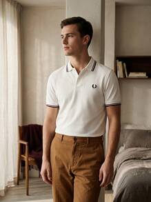 Fred Perry Men Outdoor Shirts Quick-Dry Skin-Friendly Stretchy Home School Gym Red M3600-T60 - Snow White/Burnt Red/Navy - View 7