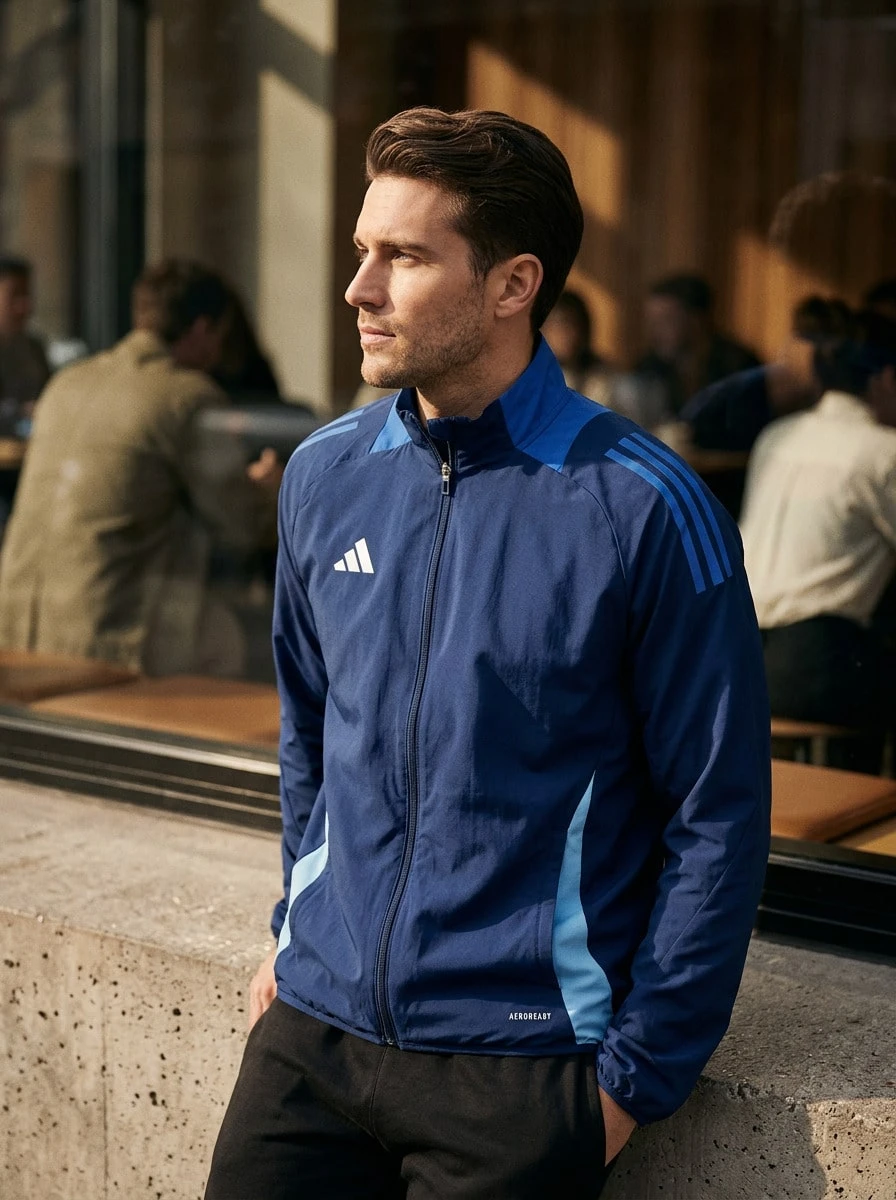 Adidas جاكيتات رياضية للرجال مرنة ومريحة وقوية للمشي لمسافات طويلة والتدريب اليومي باللون الأزرق IR7597 - أزرق بحري - مشاهدة 1