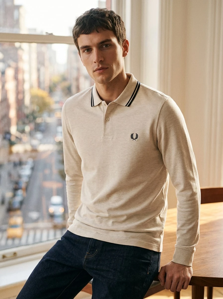 Fred Perry قميص بولو بأكمام طويلة للرجال، رمادي داكن - PRRDGEMRL/ANCHGR - مشاهدة 1