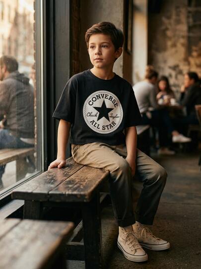 Converse Star Chevron Tee Kids' Easy To Match Moisture-Wicking Breathable School Casual Outing Black 469787-023