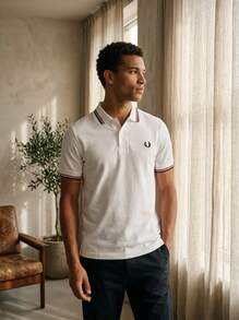 Fred Perry قميص بولو رجالي أبيض - أبيض ثلجي/أحمر محروق/أزرق داكن - مشاهدة 6