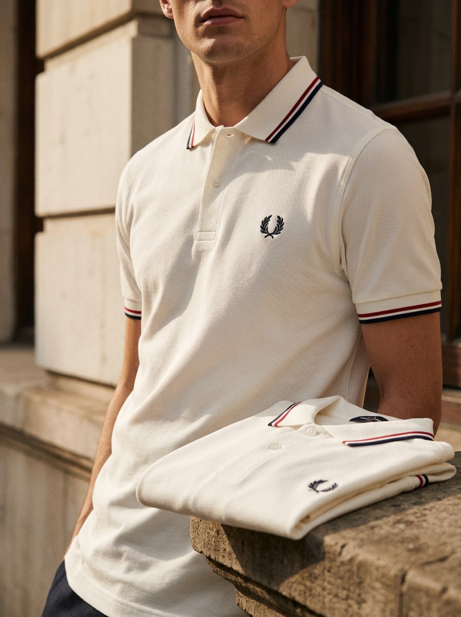Fred Perry قميص بولو رجالي أبيض - أبيض ثلجي/أحمر محروق/أزرق داكن - مشاهدة 1