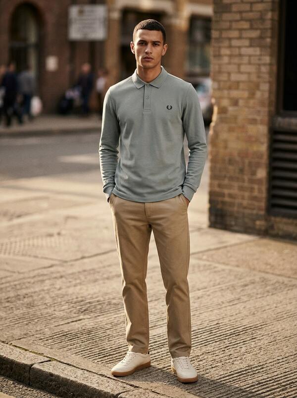 Fred Perry قميص بولو بأكمام طويلة أخضر للرجال