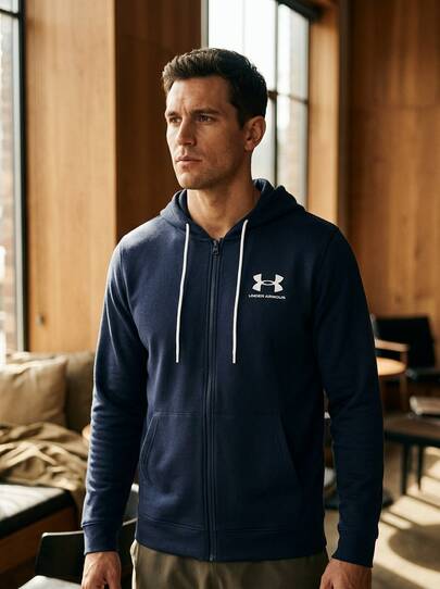 Under Armour كنزة رياضية بسحاب كامل للرجال من رايفال باللون الأزرق الداكن