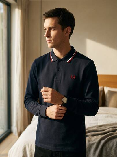 Fred Perry قميص بولو بأكمام طويلة أزرق داكن للرجال