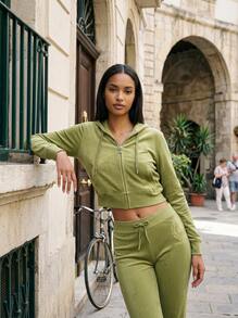 Juicy Couture هوديي أنثوي مزيّن بسحّاب كامل باللون الأخضر - أخضر - مشاهدة 1