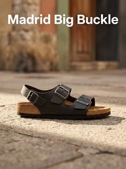 Birkenstock صنادل مسطحة للنساء من ماركة مدريد، ناعمة ومريحة مع وسادة للمشي في الصيف والعطلات، باللون الأسود 34791