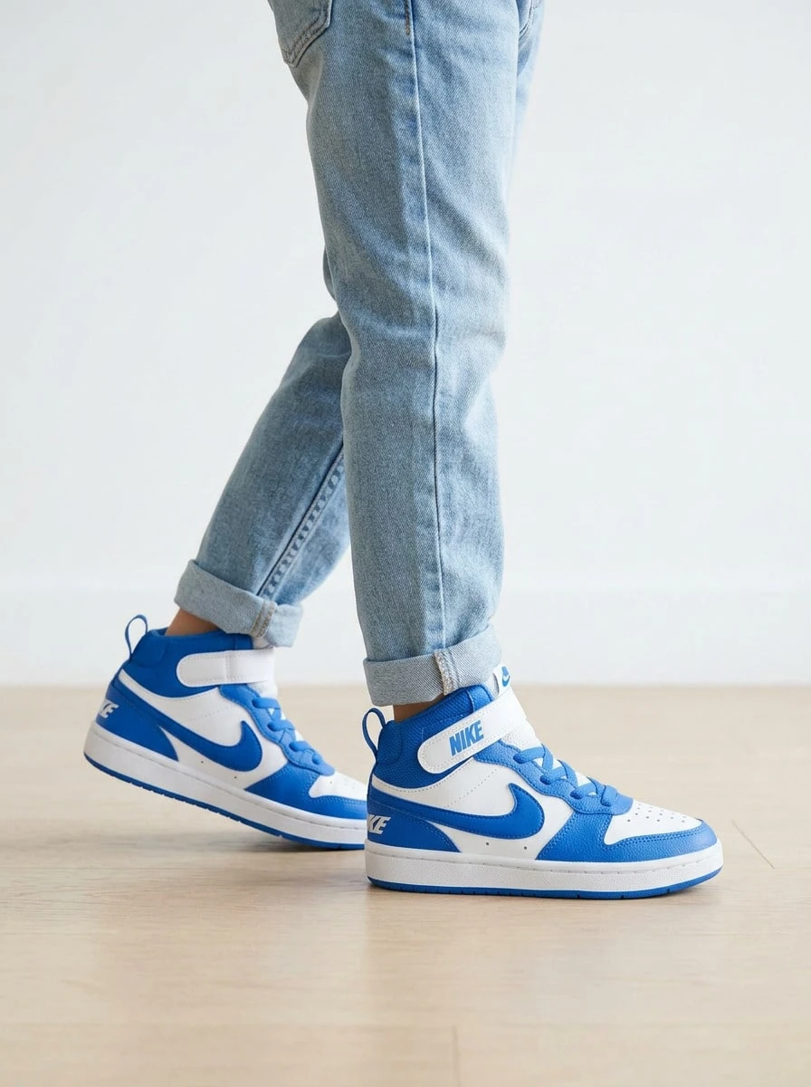 Nike Court Borough Kids' Sneakers Snug Fit Padded Durable Office Weekend Walking CD7783-134 - White/ Blue - View 1