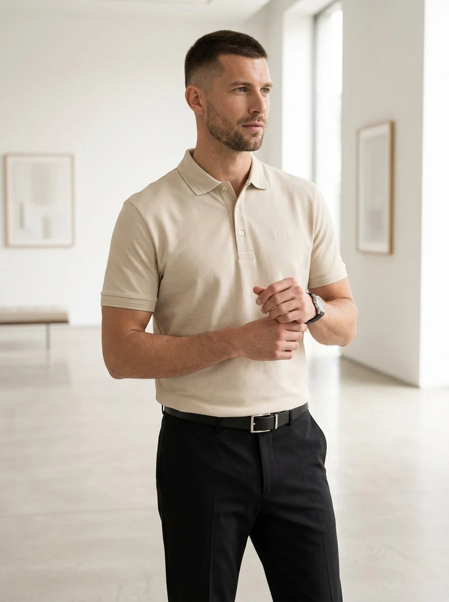 Hugo Boss قمصان بولو رياضية للرجال ماصة للرطوبة بقصة كلاسيكية فاخرة لعطلة نهاية الأسبوع والجولف والمكتب 50469055-111 - أوبن وايت - مشاهدة 1