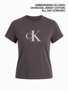Calvin Klein Jeans Women's Sequin Logo T-Shirt Signature Logo Soft Hand Feel LV044E215G-2E9 Work To Play Weekend Brunch Going Out Spring Refresh Cotton - Coal - View 4