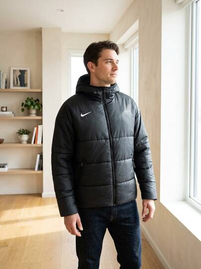 Nike جاكيتات رياضية للرجال قابلة للطي دافئة ومتينة للسفر والأنشطة الخارجية باللون الأسود FD7704-010