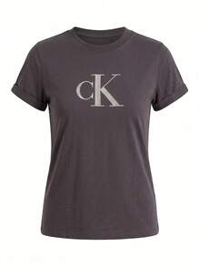 Calvin Klein Jeans Women's Sequin Logo T-Shirt Signature Logo Soft Hand Feel LV044E215G-2E9 Work To Play Weekend Brunch Going Out Spring Refresh Cotton - Coal - View 6