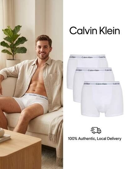 Calvin Klein Icon Men's 3-Pack Relaxed Fit Trunks Soft Waistband Stretch Fit LV00NB4286-100 Lounging Daily Wear Vacation Ready Cotton Elastane Jersey