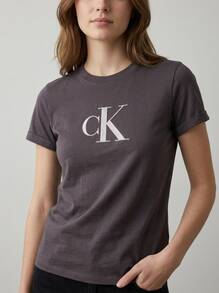 Calvin Klein Jeans Women's Sequin Logo T-Shirt Signature Logo Soft Hand Feel LV044E215G-2E9 Work To Play Weekend Brunch Going Out Spring Refresh Cotton - Coal - View 2