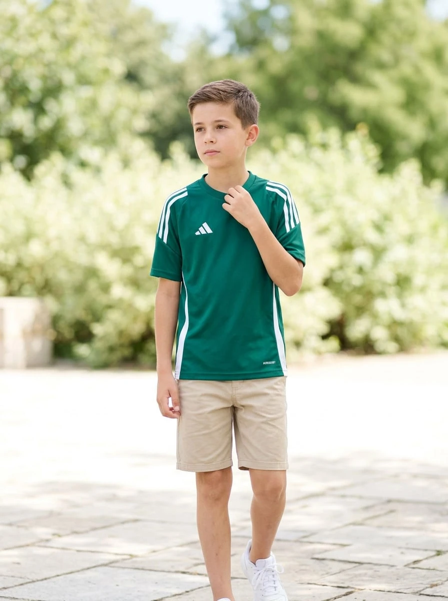 Adidas Tween Boys Shirts Comfortable Versatile Lightweight Sports Home School IS1028 - Green - View 1
