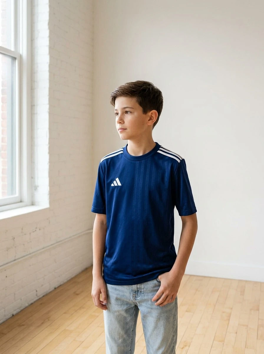 Adidas Tween Boys Shirts Soft Durable Comfortable School Gym Daily JJ4163 - Navy Blue White - View 1