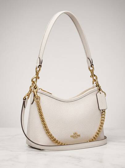 Coach Laurel Small Shoulder Bag For Women, Chalk White Soft Pebble Leather Hobo Bag, Convertible Crossbody Purse With Zip Top And Polished Gold Tone