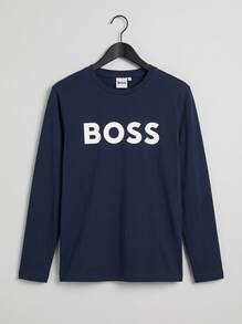 Hugo Boss Men's Long-Sleeved T-Shirt Blue Soft Hand Feel Signature Logo J25P25-849 - Marinblå - Visa 3