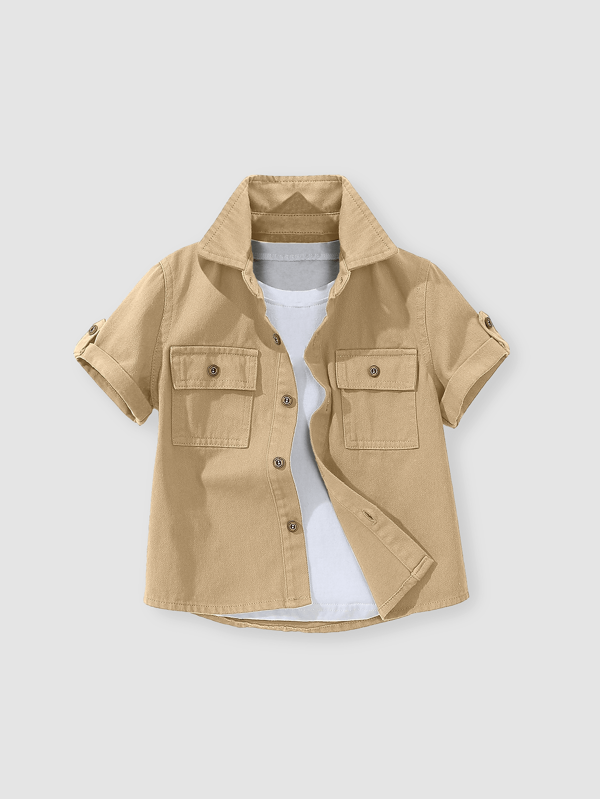 Denimly West Wild Preppy Outdoorsy Style Green Short Sleeve Shirt With Flap Pockets For Young Boys