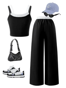 Sparklyn 2pcs/Set Teenager Street Style Casual All-Match Versatile Sports Sleeveless Tank Top + Contrast Trim Loose Fit Pants - Black and White - View 3