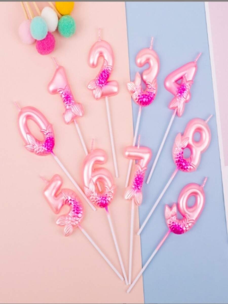 Velas de cumpleaños números 0-9, decoraciones de cumpleaños de sirena, velas de cumpleaños feliz 0th-9th para pastel, velas de pastel de cumpleaños, decoraciones de sirena para pasteles de cumpleaños, suministros para fiesta de cumpleaños - Rosa - Ver 1