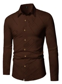 Manfinity Mode Loose Men's Geometric Striped Long Sleeve Shirt, Brown Dress Shirt Men, Man Brown Shirt, Dark Brown Shirt, Business Casual Tops Men, Elegant Shirts For Men, For Fall - Rust Brown - View 3