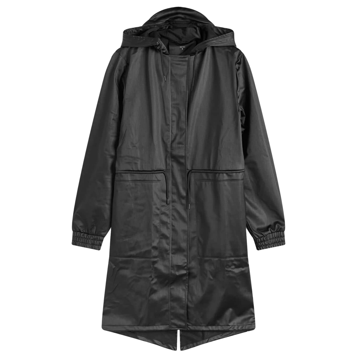 Rains Giacca impermeabile da esterno lunga con cappuccio e coulisse, di colore unito semplice - nero - Visualizzare 1