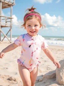 Baby Girls Cute Mermaid Print Short Sleeve One-Piece Swimsuit - Multicolor - View 1