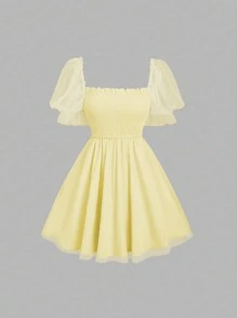 SHEIN Unity 浪漫优雅复古可爱公主风格多层薄纱高腰迷你连衣裙，透明' - 黃色 - 查看 1