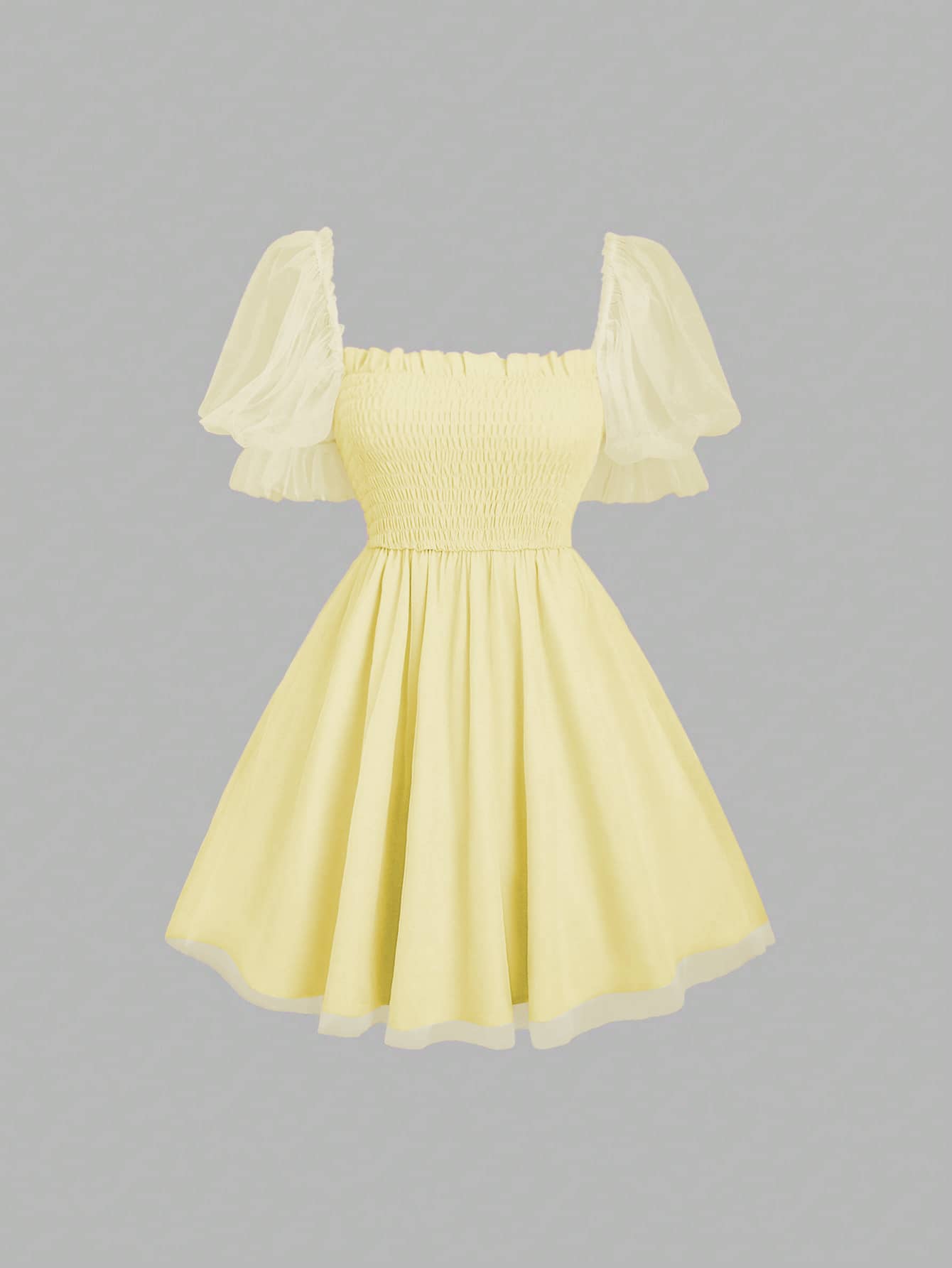 SHEIN Unity 浪漫优雅复古可爱公主风格多层薄纱高腰迷你连衣裙，透明' - 黃色 - 查看 1