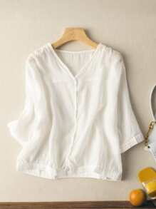 EMERY ROSE Women's Solid V-Neck Single-Breasted Long Sleeve Loose Casual Shirt - White - View 1