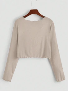 Franclia 大码女式休闲舒适日常穿着柔软罗纹开衫，长袖杏色T恤，适合通勤、度假和假日穿着 - 杏色 - 查看 2