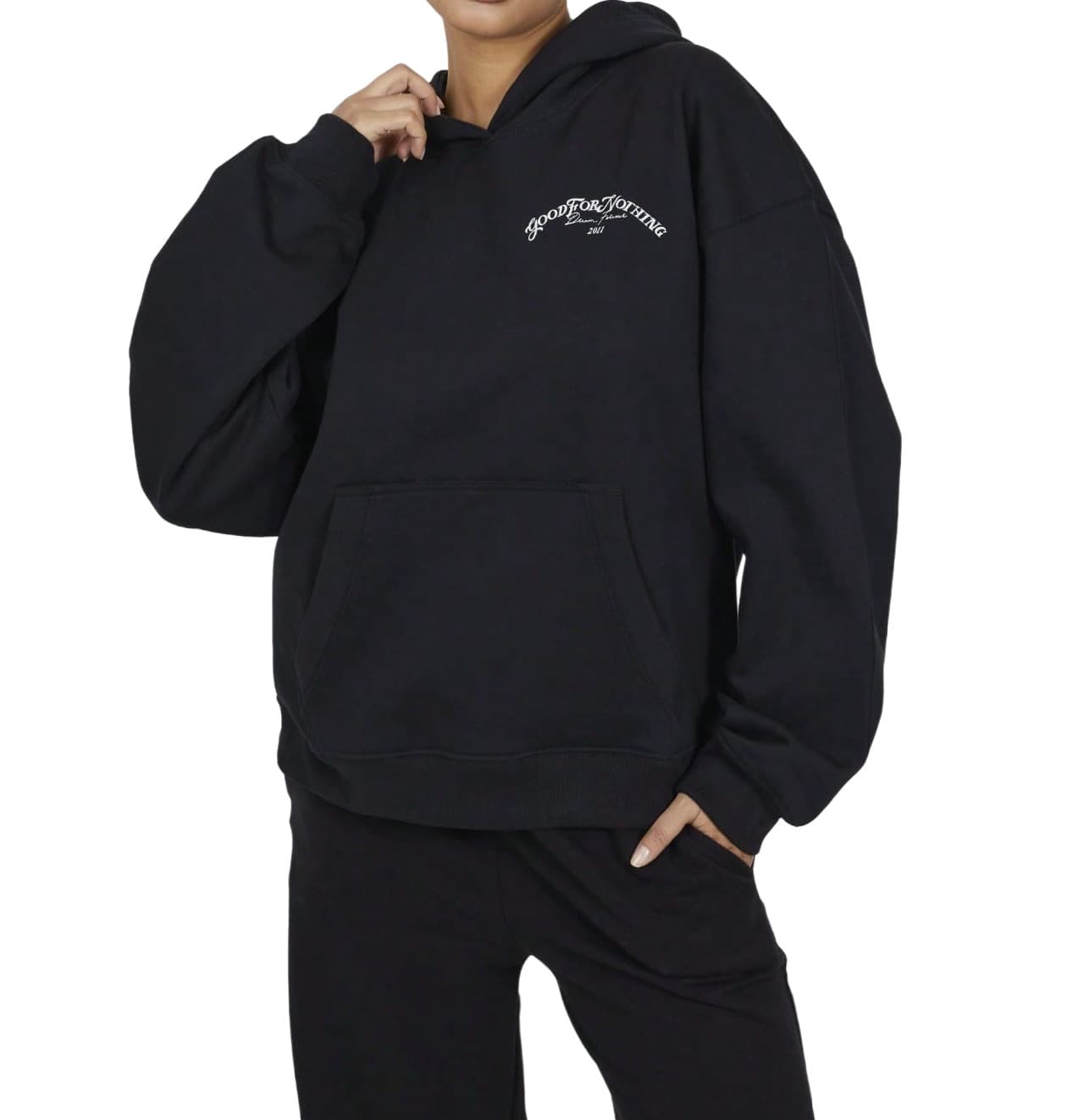 Letter Print Pocket Hooded Casual Long Sleeve Pullover Sweatshirt - Black - View 1