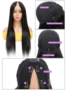 Straight V Part Wig Human Hair No Lace Front Wig V Shape Human Hair 180% Density Natural Black Color - Natural Black - View 6