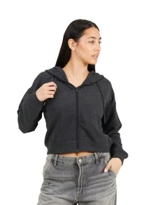 brave soul Zip Through Cropped Hoodie, Charcoal - Charcoal - View 3