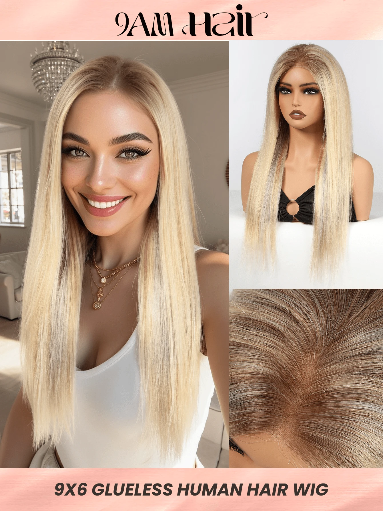 9*6 Wear&Go 无胶假发 27/613/灰色混合浅金色和灰色长直假发 100% 真人头发 180% 密度 18 英寸 20 英寸 女士