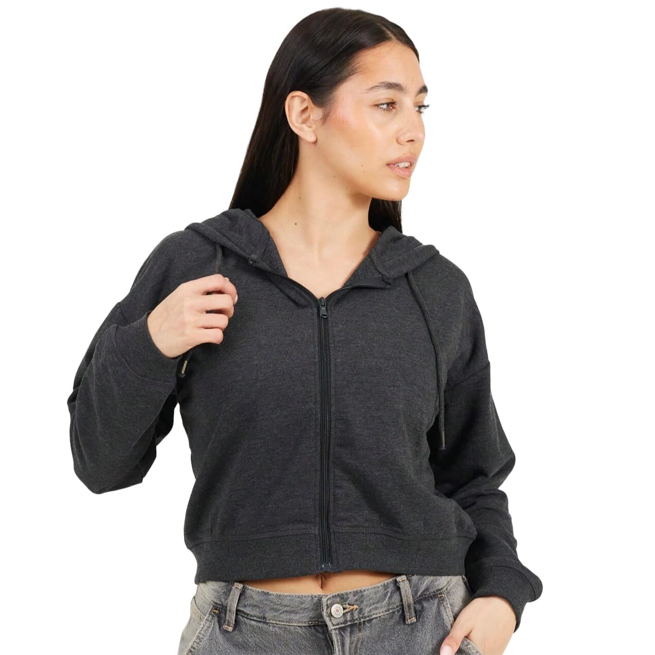 brave soul Zip Through Cropped Hoodie, Charcoal - Charcoal - View 1