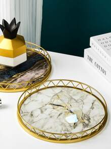 Small Round Marble Pattern Golden Metal Tray, Home Decor Storage Organizer Accessory Best Gifts Birthday Plates Kitchen Accessories Kitchen Decor Table Trays Fruit Tray Tray Decor Graduation - Multicolor - View 1