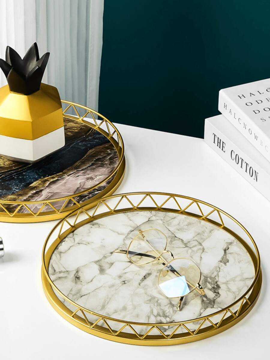 Small Round Marble Pattern Golden Metal Tray, Home Decor Storage Organizer Accessory Best Gifts Birthday Plates Kitchen Accessories Kitchen Decor Table Trays Fruit Tray Tray Decor Graduation - Multicolor - View 1