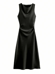 Women's Elegant Long Waist Cinched Ruched Dress - Black - View 4