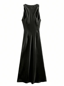 Women's Elegant Long Waist Cinched Ruched Dress - Black - View 2