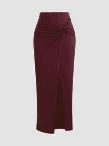 Sweetra Damen Frühlings-/Sommer-Sexy-Schlitz-Twist-Taille-Rock & Bandeau 2-teiliges Set - Bordeaux - Übersicht 4