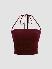 Sweetra Damen Frühlings-/Sommer-Sexy-Schlitz-Twist-Taille-Rock & Bandeau 2-teiliges Set - Bordeaux - Übersicht 3