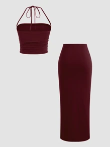 Sweetra Damen Frühlings-/Sommer-Sexy-Schlitz-Twist-Taille-Rock & Bandeau 2-teiliges Set - Bordeaux - Übersicht 2