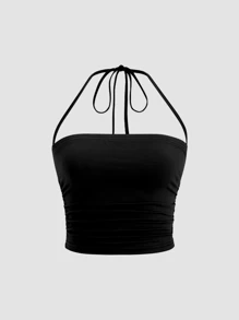 Sweetra 女士性感开衩扭花前短款上衣和裹身裙两件套，适合春夏季 - 黑色 - 查看 3