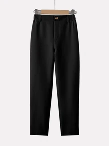 SHEIN Tween Boys Plain Color One-Button Front Casual/Commute Long Pants Fall Winter - Black - View 5