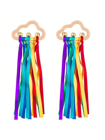 Zazumi 1 Juguete de sonajero con cinta arcoíris para bebé, anillo de cinta de madera natural con sensor dental para recién nacidos, juguete Montessori para la celebración del nacimiento, juguete sensorial para bebé