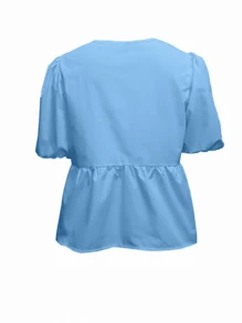 SHEIN Unity 女式夏季泡泡袖蝴蝶结衬衫 - 藍色 - 查看 2