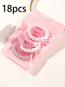 SHEIN 18 条弹力发带，颜色随机 30 条弹力发带 - 装饰性电话线发饰，带有有趣的图案和设计，高品质弹力马尾辫发带，甜美清新女士发饰，礼物和拍照道具，情人节 - 彩色 - 查看 3