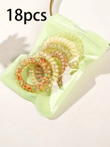 SHEIN 18 条弹力发带，颜色随机 30 条弹力发带 - 装饰性电话线发饰，带有有趣的图案和设计，高品质弹力马尾辫发带，甜美清新女士发饰，礼物和拍照道具，情人节 - 彩色 - 查看 6